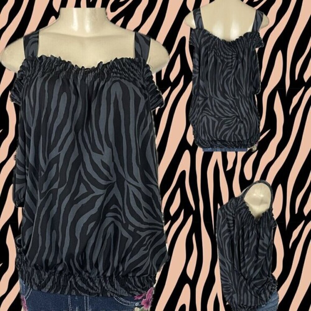 Rhapsody L Black Animal Print Shirred Neck & Hem Short Sleeve Cold-Shoulder Top